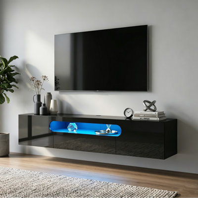  Meuble télé mural flottant avec lumières DEL pour téléviseur de 85 po, console média avec 3 portes de rangement et tablette ouverte