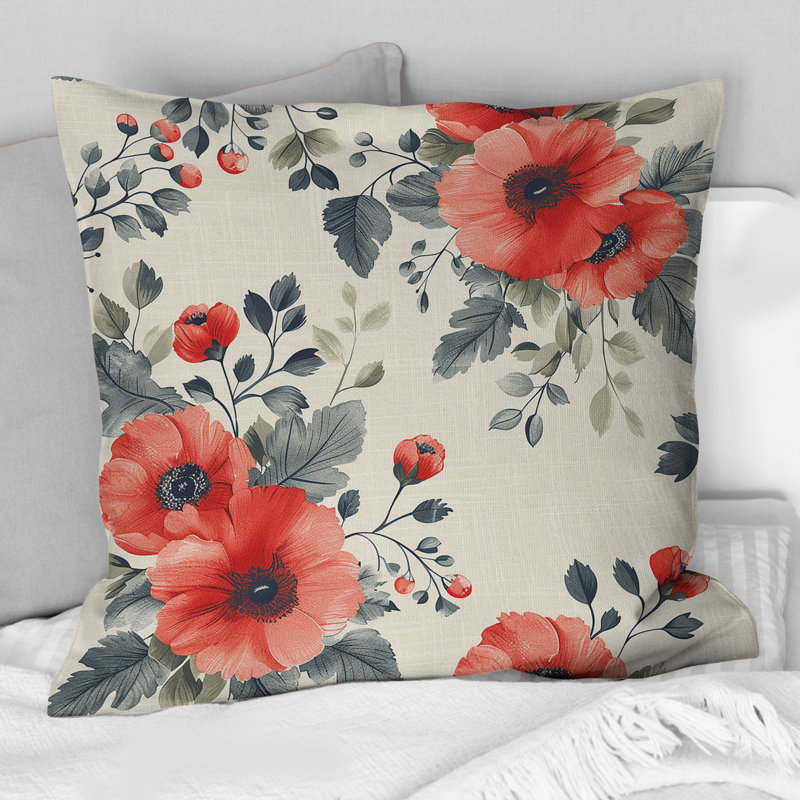 Coussin décoratif beige et rose à motif floral prés 8, H 18 po x l 18 po
