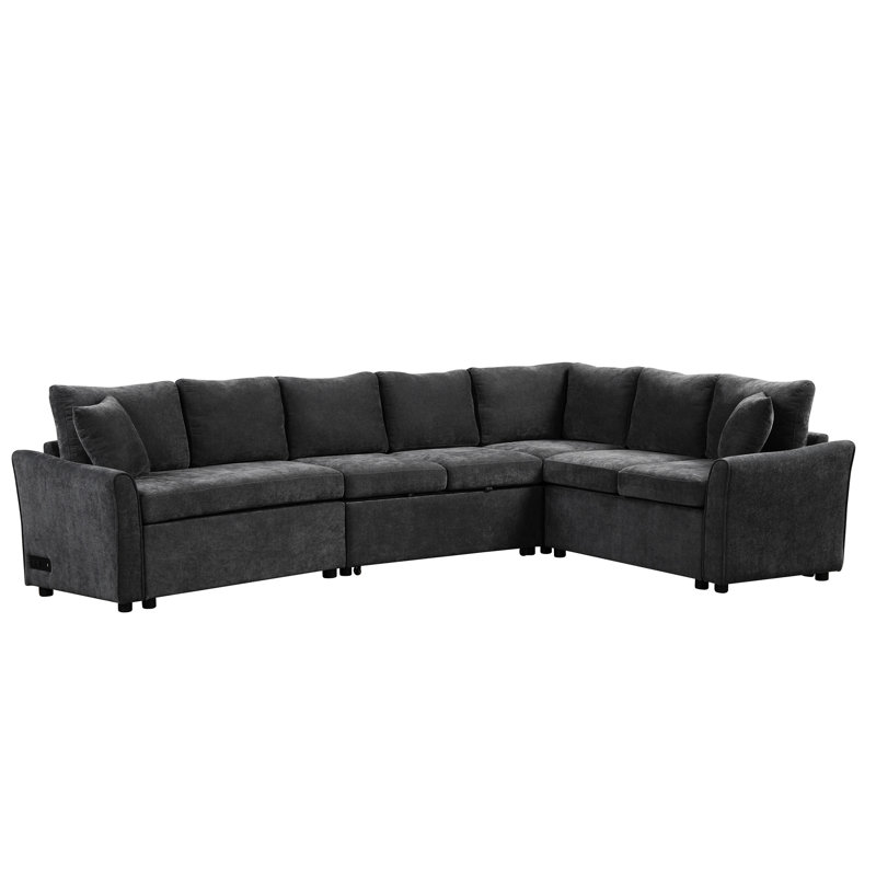 Convertible 124.8" Gray L-Shaped For Living Room, Pull Out To Sleep, Two Ports, Power Sockets, Back Pillows And Skin- Chenille Upholstery