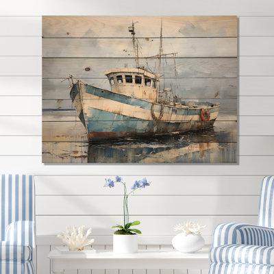 Bateau de pêche bleu et blanc - Bateau côtier, art mural sur bois de pin naturel