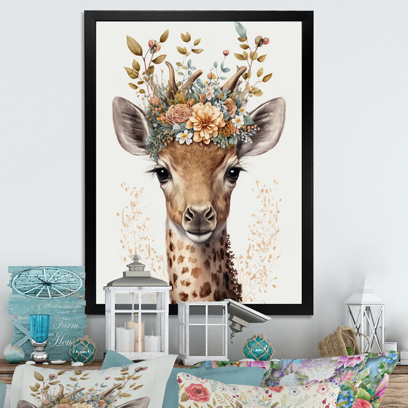 Mignon bébé girafe avec couronne florale II - animaux, art mural sur toile, L 12 po x H 20 po, Cadre photo noir