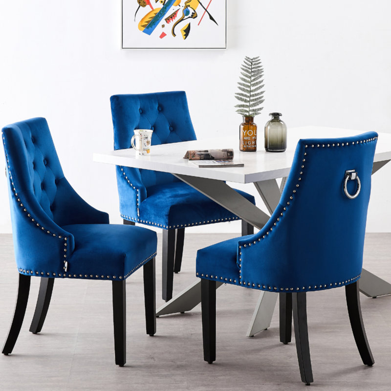 Graciela 6 Person Dining set - a Rectangular Wooden Dining Table with Metal Legs and a Set of 6 Quilted Ring Knocker Velvet Dining Chairs for Dining Room - Modern Dining Table Set