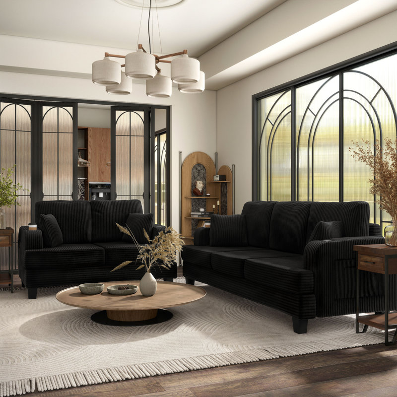 Luka 2-Piece Chenille Sofa Set, Black, 2 Pcs: Sofa, Loveseat