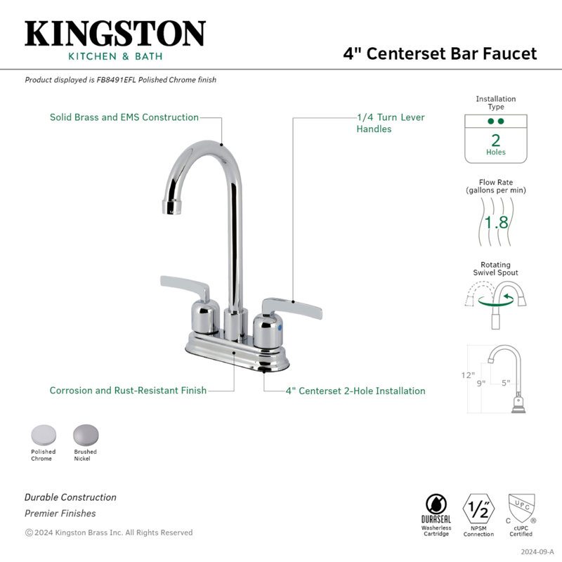 Robinet de bar 4 pouces Kingston Brass Centurion, nickel brossé