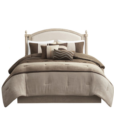 7 Piece King Bedding - Faux Suede In Brown With Modern Design Filling