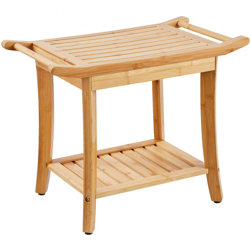 Banc de douche en bambou, 61 x 35 x 48 cm, capacité de charge de 136 kg, siège de bain spa, organisateur, tabouret de douche imperméable avec tablette de rangement et poignée