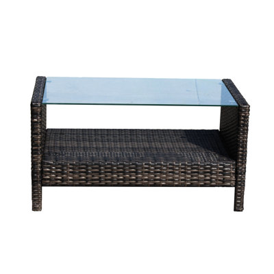 Brown Outdoor Coffee Table With Tempered Glass Surface, 34.6X20.5X17.7Inch, Protected, Assembly Tools Supplied Patio Frame, Clear Glass, Water , Assemble Quickly And Smoothly