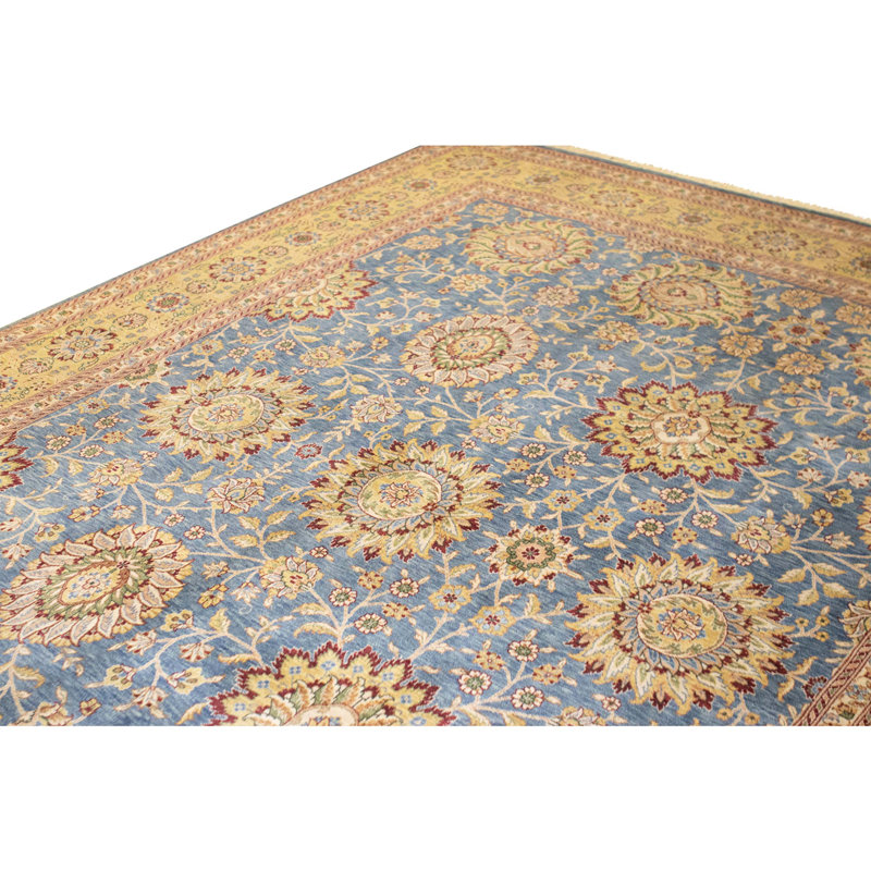 Tapis bleu et doré de haute qualité noué à la main
