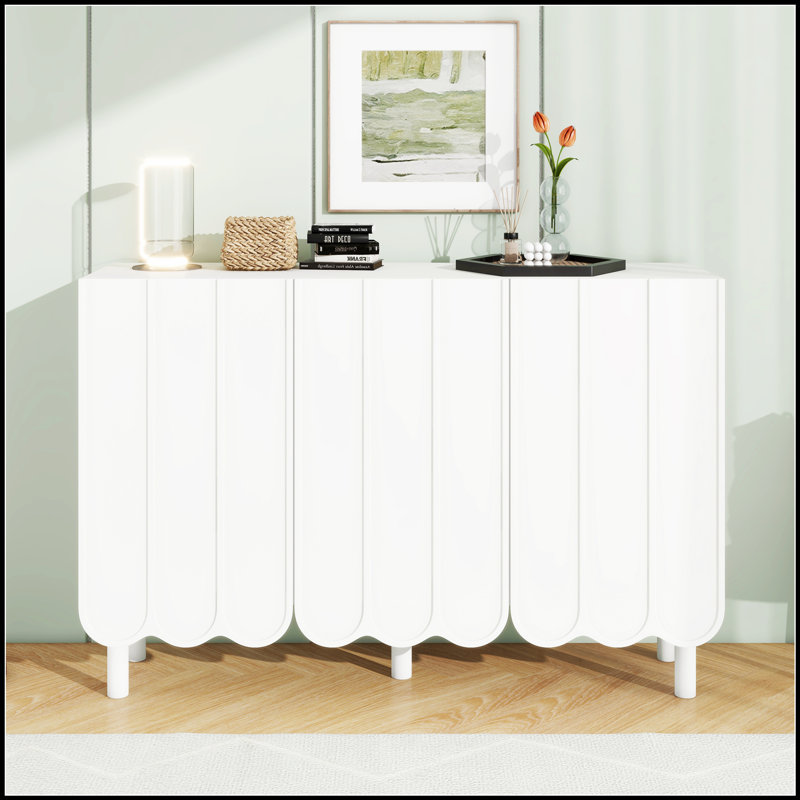 Minimalist Shoe Cabinet with 5 Solid Wood Legs, Sideboard Buffet for Modern Home Decor, White