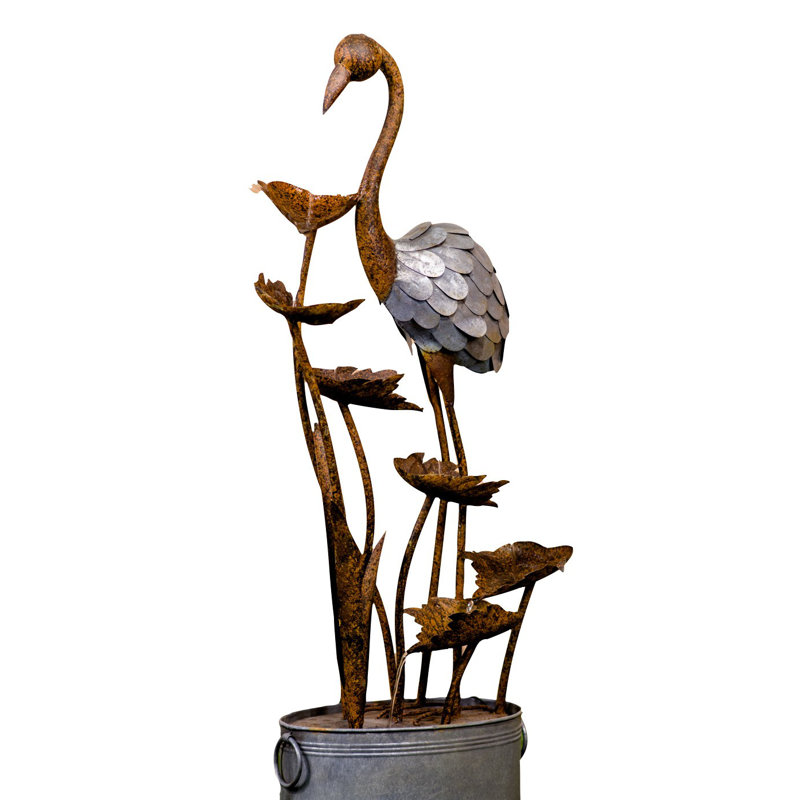 Rustic Metal Flamingo Garden Fountain with Leaves