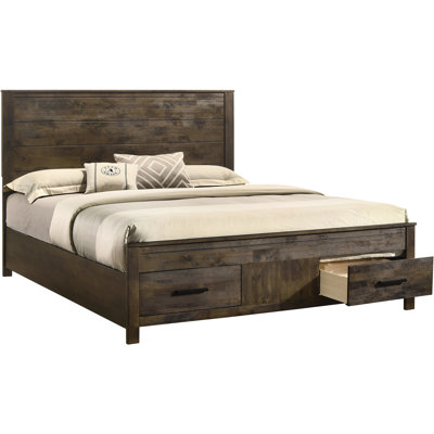 Très grand lit à panneau rustique brun doré avec deux tiroirs de rangement, fabriqué de manière experte en bois franc massif, pièce maîtresse de la chambre de taille orientale et placage de bois