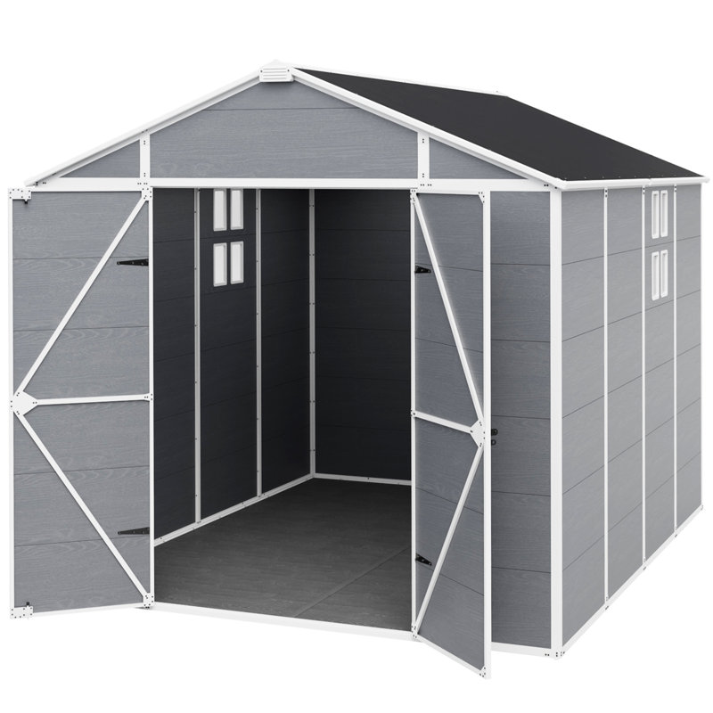 Remise de rangement extérieure en résine de l 8 pi x P 10 pi avec plancher, remise à outils de jardin imperméable en plastique avec toit incliné et double porte