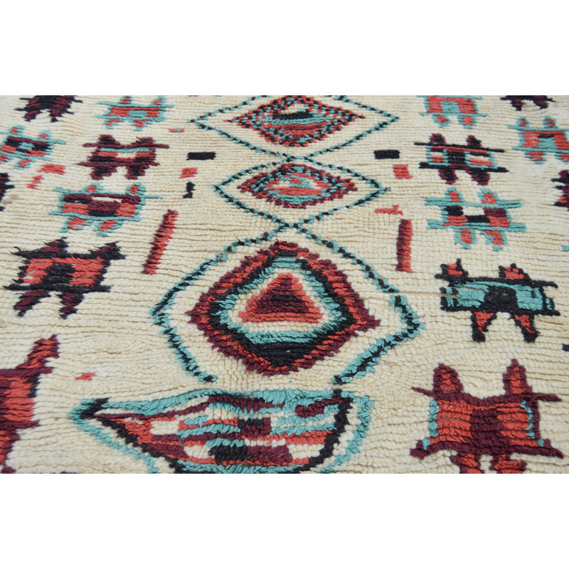 Tapis unique brun clair / sarcelle / orange / noir des années 1980 de 4 pi 2 po x 8 pi 10 po One-of-a-Kind