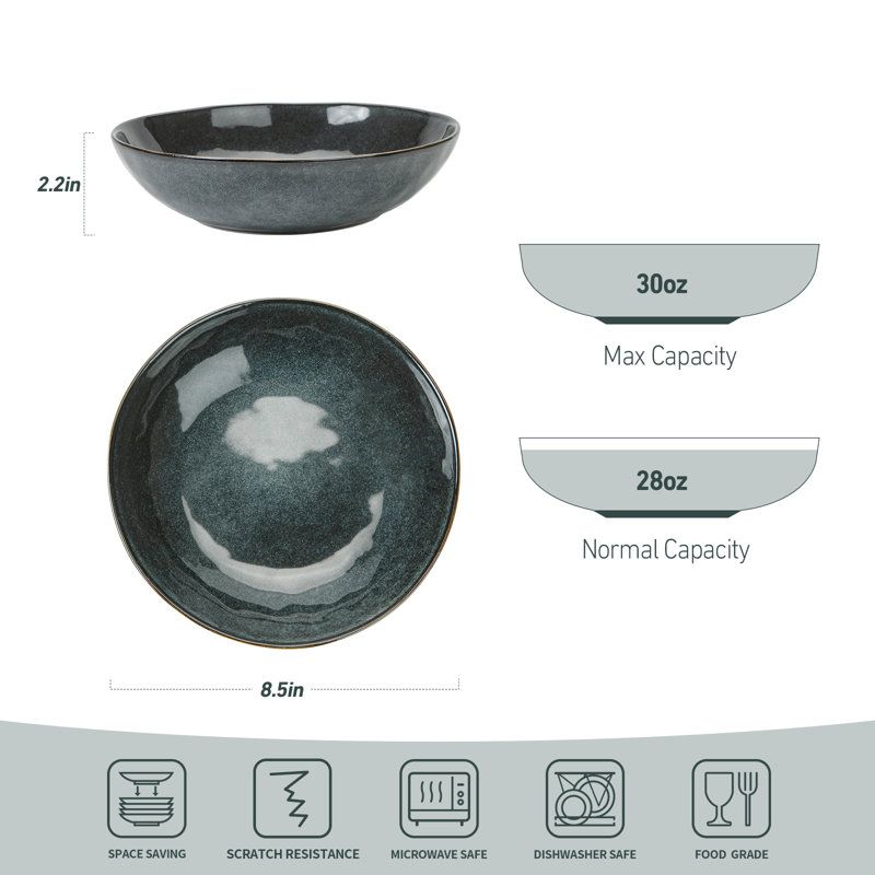 4-Piece Stoneware Pasta Bowl Set- Service For 4, Dark Green