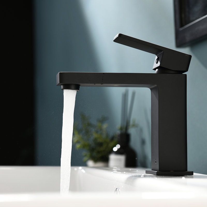 Robinet de meuble-lavabo noir pour salle de bain - forme géométrique contemporaine, poignée unique, finition mate, robinet de lavabo à poignée brossée fixé au comptoir, robinet fixé au comptoir, robinet en céramique