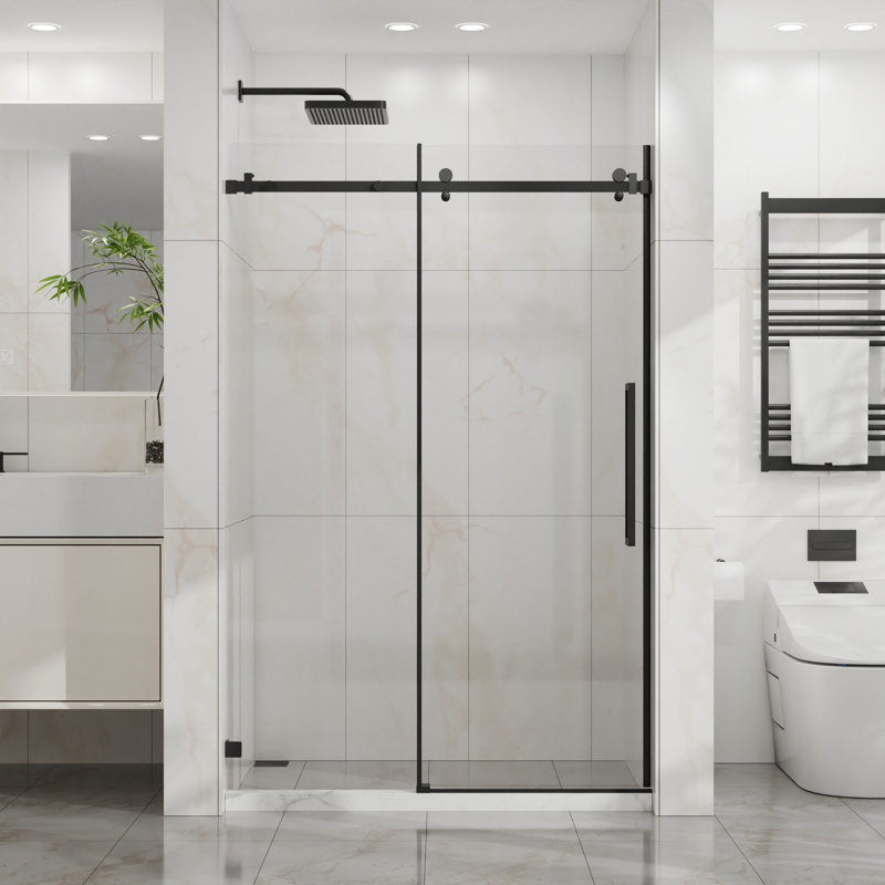 Porte de douche coulissante sans cadre avec verre trempé et fonctionnement en douceur