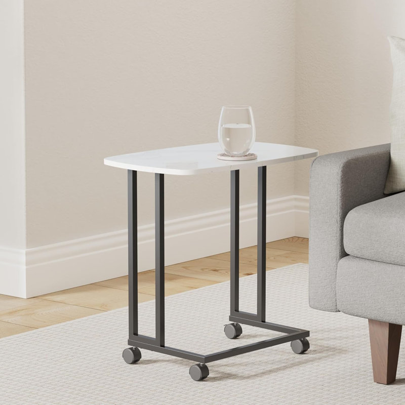 Computer Desk Table With Detachable Wheels And Metal Frame, White Marble Texture Sofa Table, For Living Room, Bedroom, Bedside, White