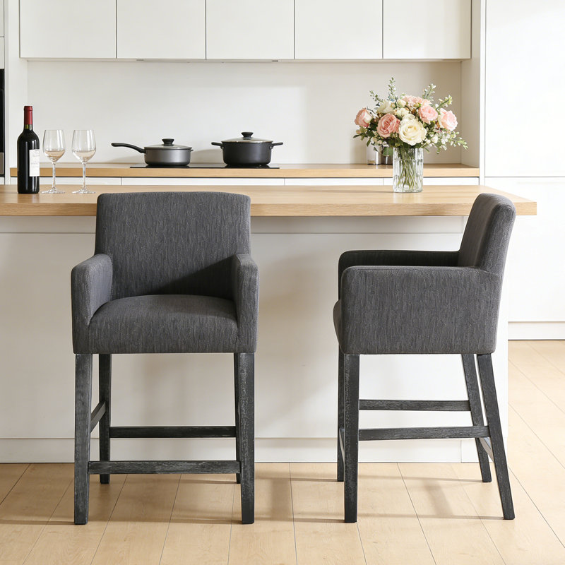 Ensemble de 2 chaises de bar en bois massif avec sièges rembourrés, Gris