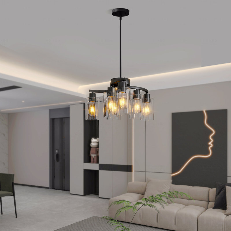 Lustre - configuration à 6 lumières de style campagne moderne de style campagnard au fini noir, luminaire de salle à manger contemporain, avec luminaires suspendus de style industriel à hauteur réglable, îlot de cuisine, abat-jour en verre transparent