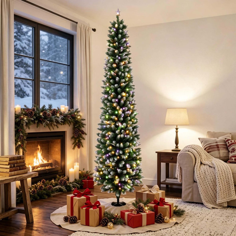 Sapin de Noël pré-illuminé de 2,4 m (8 pi) en forme de crayon fin floqué avec DEL bicolores vert et blanc, télécommande avec 11 modes d'éclairage