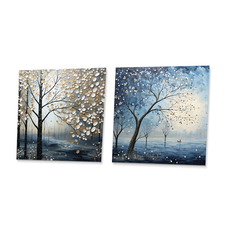 «Blue Forest Tranquility In Winter I», ensemble de 2 impressions sur métal forêt, H 23 po x l 46 po