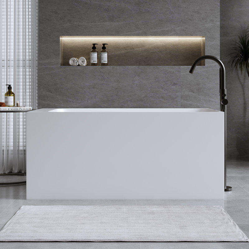 51 in. x 27.6 in. Freestanding Solid Surface Soaking Bathtub with Overflow and Pop-Up Drain