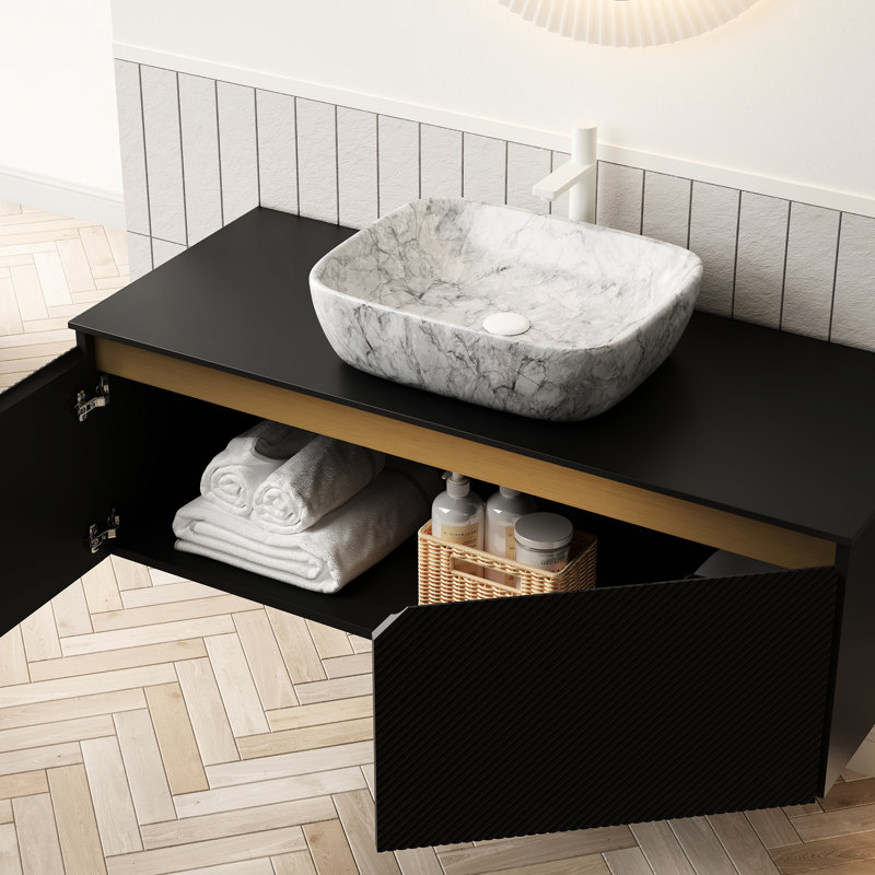 Rangement pour meuble-lavabo et lavabo 48 po, solution de rangement flottante, vasque en céramique à motif marbré, plateau en pierre frittée noire, unité de portes en bois massif à sergé-symétrie, comptoir,