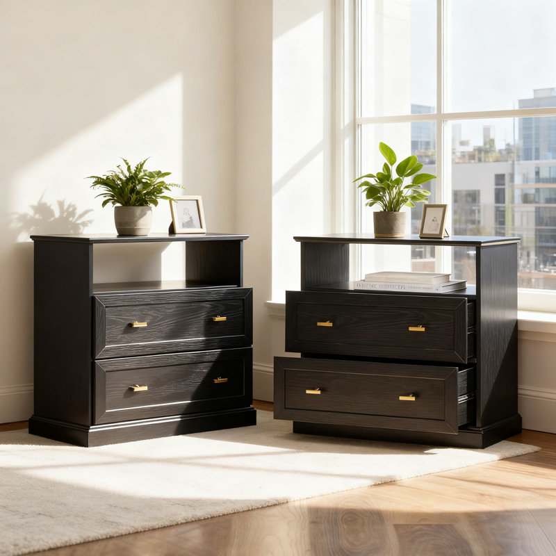 Ensemble de 2 tables de chevet avec 2 tiroirs et tablette ouverte Clyde Modern Farmhouse