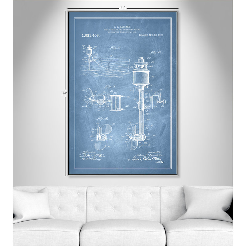 «Boat Motor 1 Blueprint - Blue '- cadre flottant, impression sur toile, Cadre argenté, H 61 po x l 41 po x P 2 po