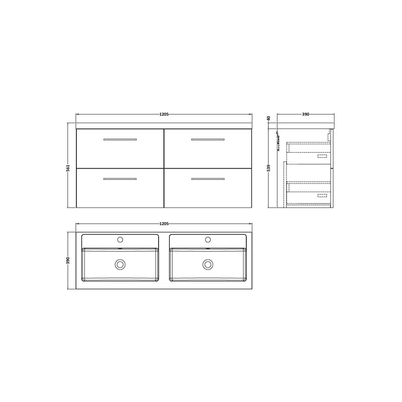 1205mm Double Bathroom Vanity with Drop In Polymarble Basin, Bleached Oak