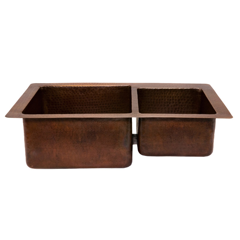 33" Hammered Copper Kitchen 60/40 Double Basin Sink with Matching Drains, and Accessories