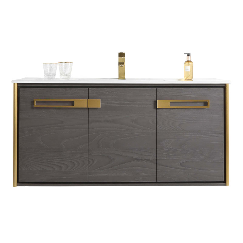 Meuble-lavabo simple l 48 po x P 18,31 po x H 23,25 po, Chêne noir, Laiton satiné