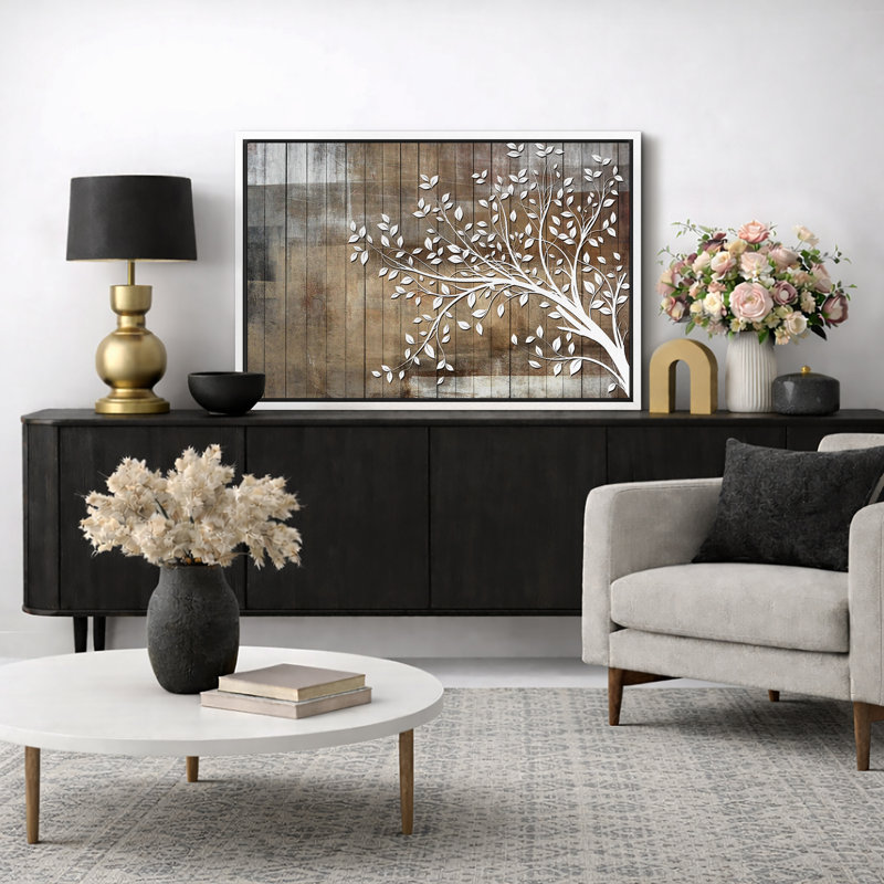 Abstract Tree "White Branch Leaves On Wood Effect Background Artwork, Abstract Neutral Tan Rustic Wall Pictures, Large Framed Canvas Giclee Print Wall Art"