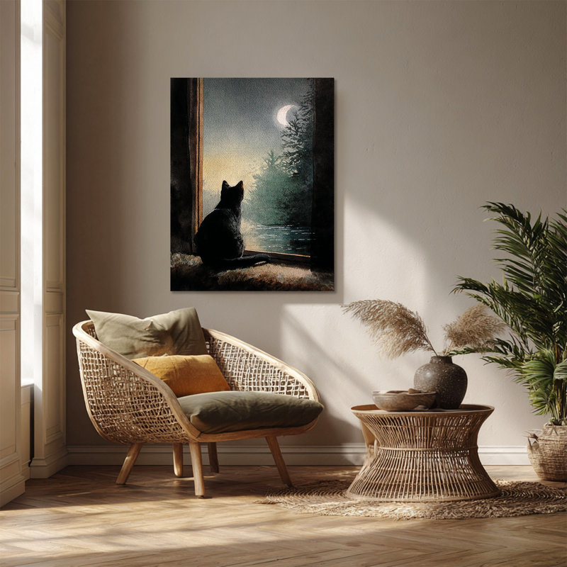 Chat à la porte ouverte, croissant de lune, forêt de pins, lac, toile tendue, décoration de salon, de chambre à coucher ou de bureau