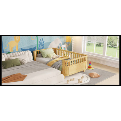 Lit plateforme simple en bois pour enfants, lit simple en bois à profil bas avec rails pour filles et garçons, naturel