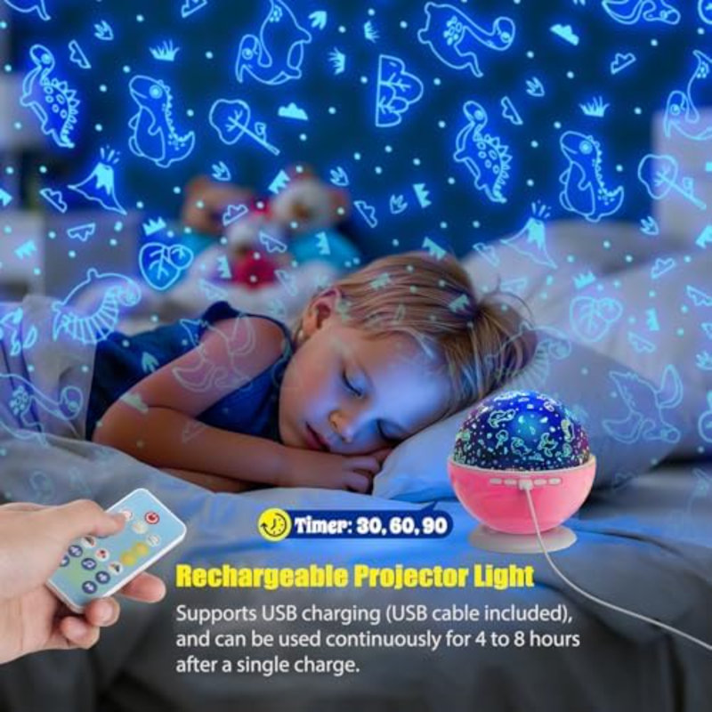 Night Light Projector for Kids Room with Remote and Timer, 360 Rotation, 3 Projection Films, 18 Light Modes, 8 Lullaby Songs, Kids Room Light Projector Lamp Rechargeable, Birthday Gifts for Boys Girls