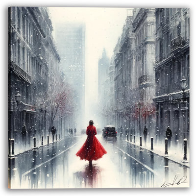 " Crimson Solitude In Snowy Cityscape "