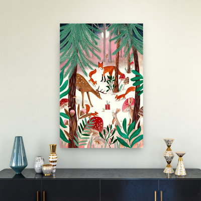 «Surprise In The Forest Christmas Abstract Contemporary Pine Deer Fox Forest Landscape», reproduction d'art murale