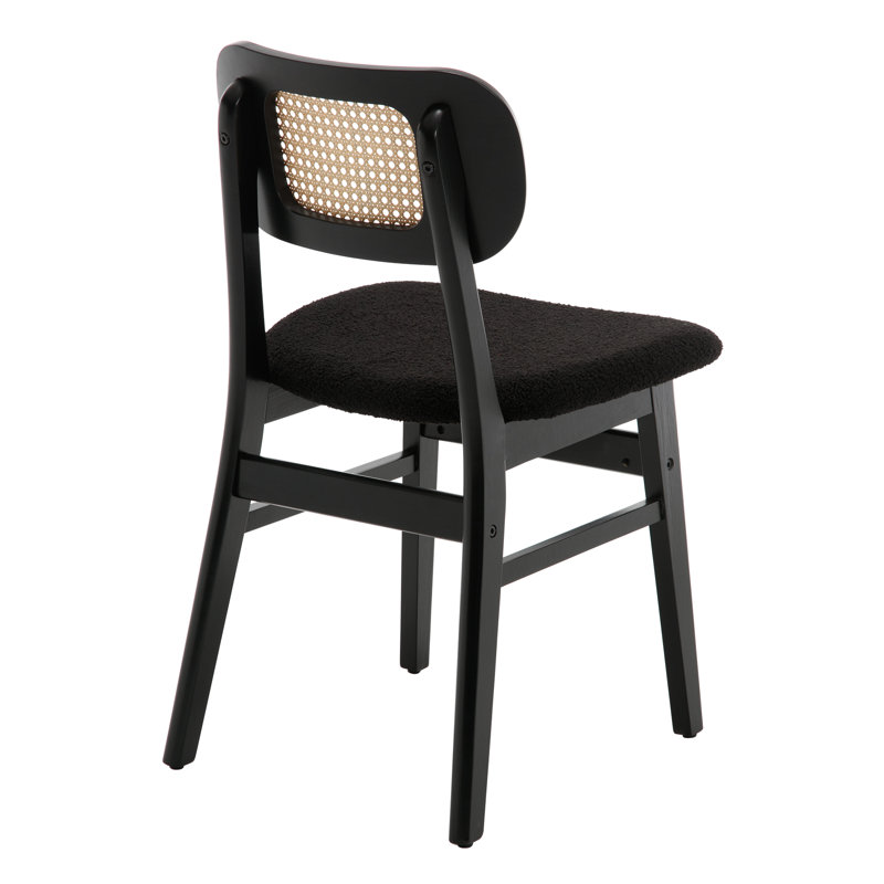 Upholstered Seat Solid Wood Dining Chair,Rattan Back Side Chair For Living Room/Dining Room, Black, Black Teddy