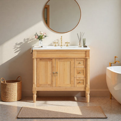 Meuble-lavabo 36 po avec lavabo en céramique, portes à fermeture douce, tablettes réglables, armoire de rangement moderne pour petites et moyennes salles de bain, structure robuste