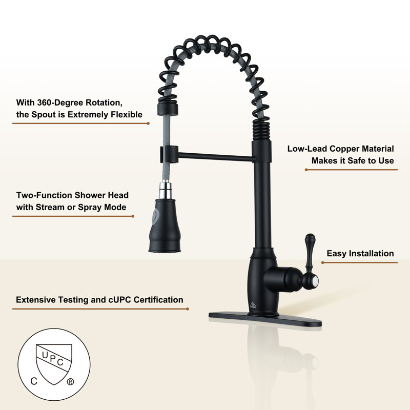 Matte Black Single-Handle Spring Pull-Down Kitchen Faucet