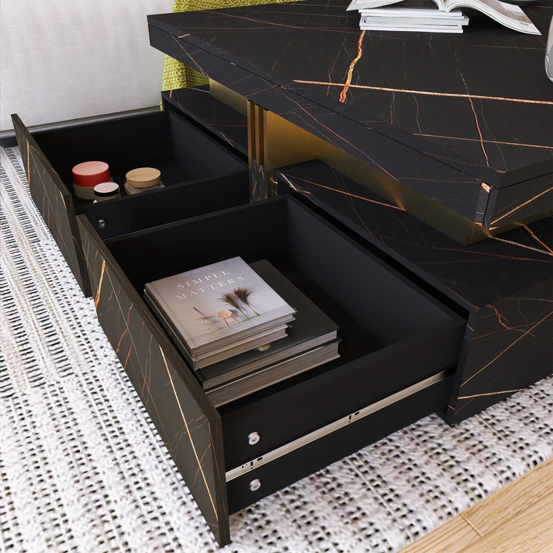 Table basse moderne carrée avec rangement et 4 tiroirs, Noir