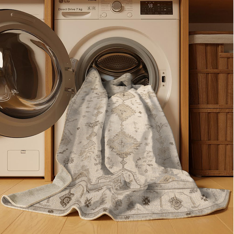 Machine Washable Afyon Beige Area Rug, Rectangle 7' x 9'