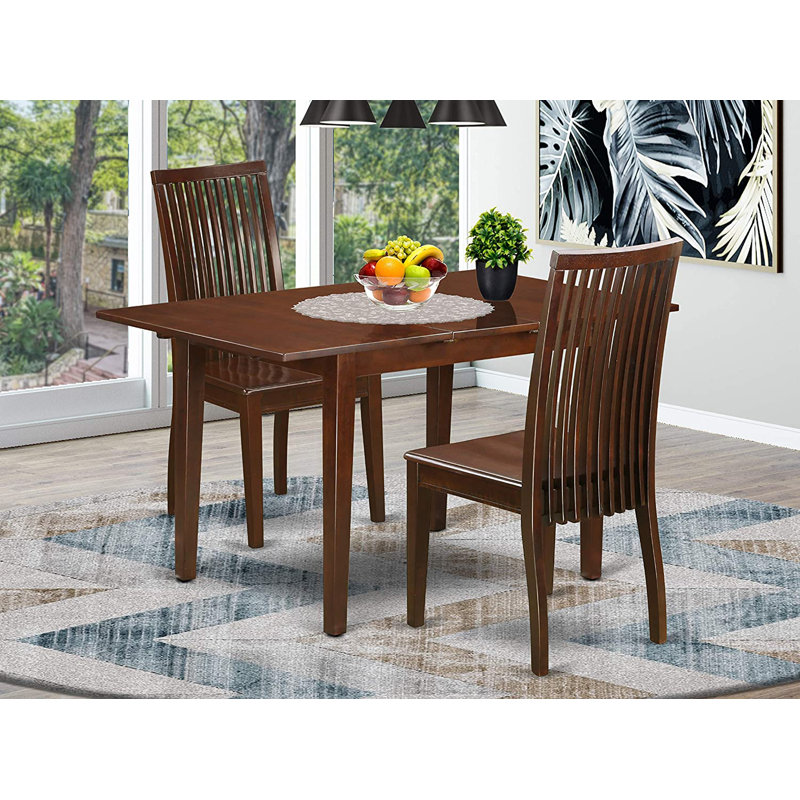 3 Piece Dining Room Furniture Set Contains a Rectangle Kitchen Table with Butterfly Leaf and 2 Dining Chairs, Mahogany