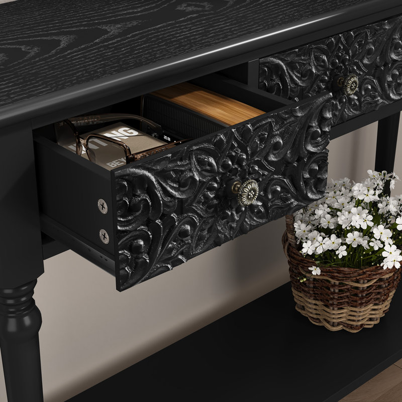 42"Carved 3-Drawer Console Table With Storage Shelf, Black