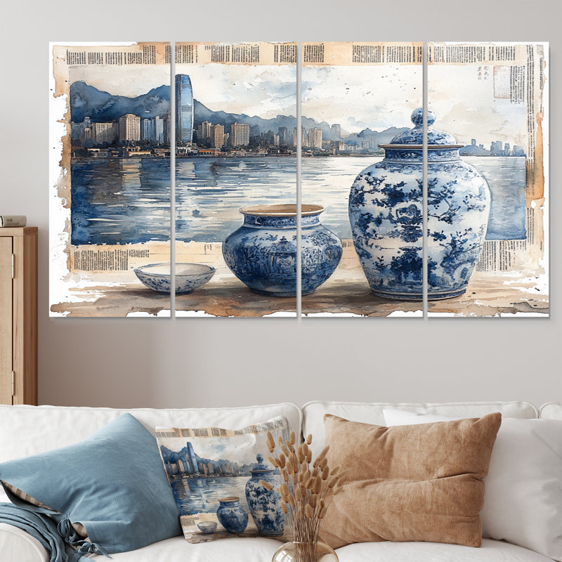Poterie de chinoiserie dans des tons bleus et blancs I - ensemble d'art sur toile Boho Pottery, H 32 po x l 64 po