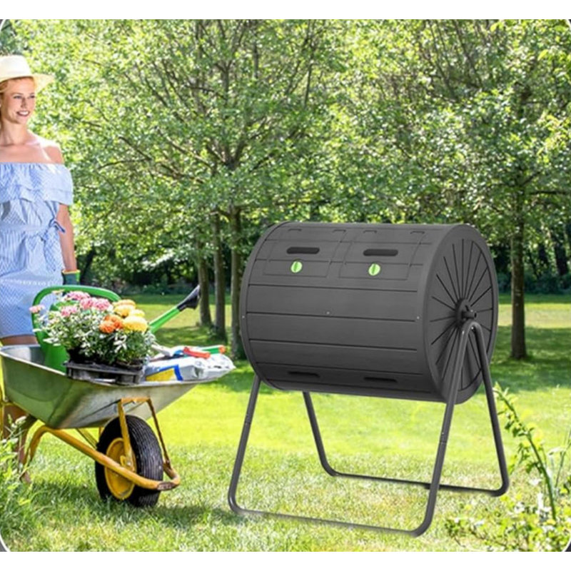 Gobelet à compost roulé noir à une chambre 142L / 37,5gal - L 28,23 ", résine de polypropylène durable, résistant aux rayons UV et aux intempéries, facile à nettoyer et à assembler