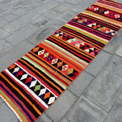 Handwoven Turkish Oushak Kilim Runner Rug with Decorative Rainbow Motifs for Kitchen and Hallways