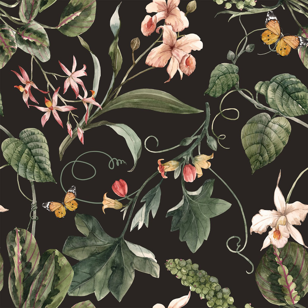 USA Made Dark with Plants & Wild Flowers Wallpaper – 225" x 25" Peel & Stick Vinyl Panel Red Barrel Studio®