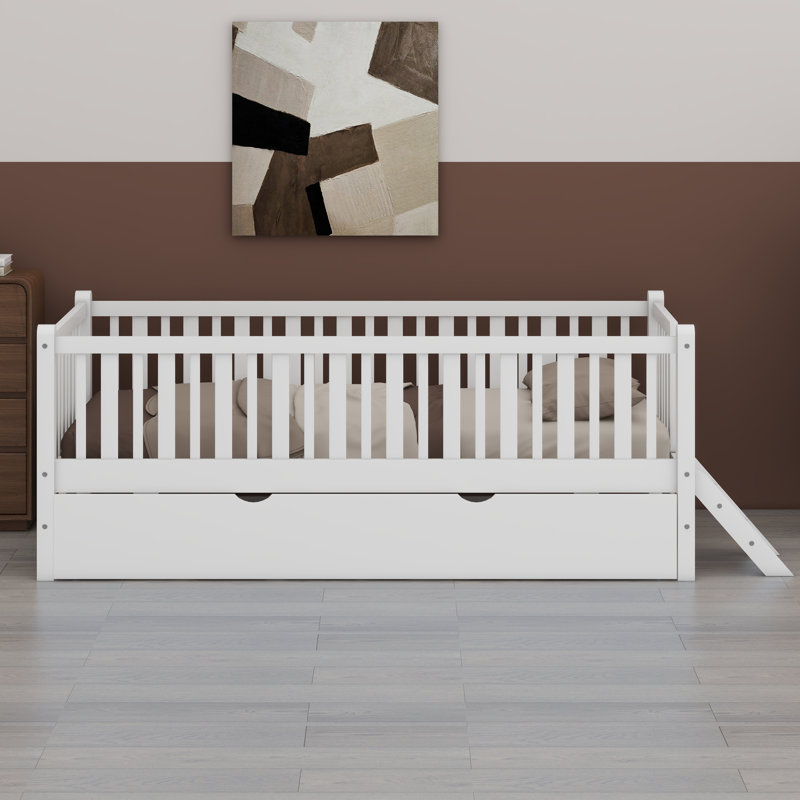Platform Bed With Guardrail And Trundle, White
